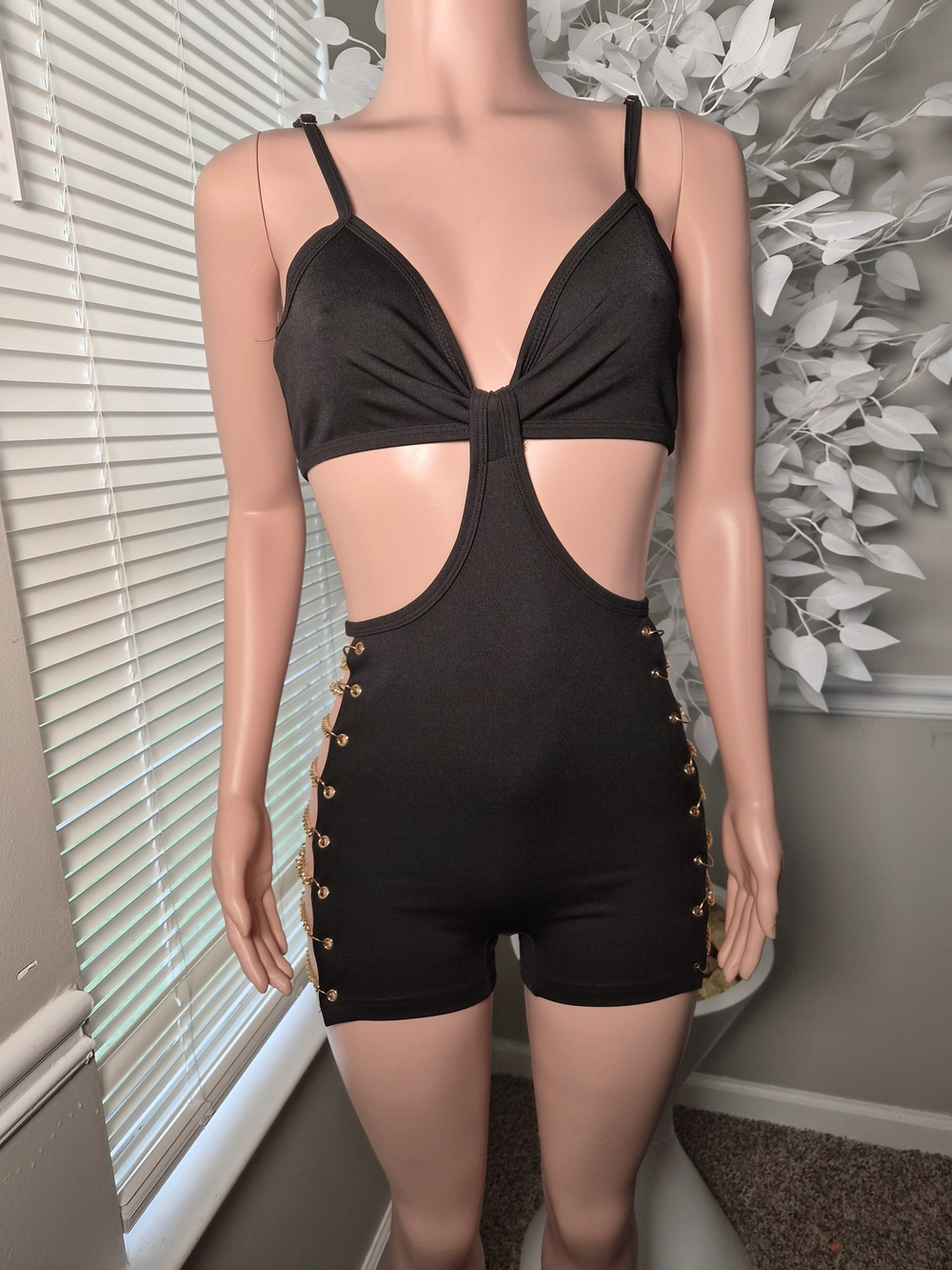 Black Cutout Romper with Gold Hardware